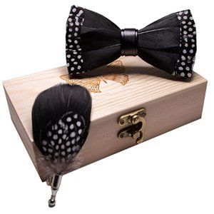 Mens Natural Feather Pre Tied Bowtie & Lapel Pin